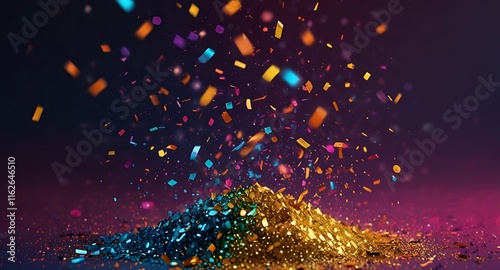 Colorful glitter and confetti on a bright gradient background. Eve event posters, party invitations, pop art