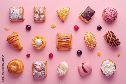 Assorted Pastries Arranged on Pink Background photo