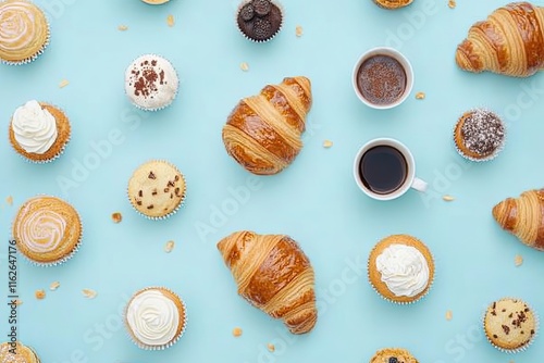 Sweet Treats Coffee Croissants And Cupcakes Arranged On Blue photo