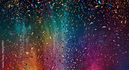 Colorful glitter and confetti on a bright gradient background. Eve event posters, party invitations, pop art