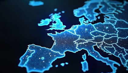 Abstract map shows western europe. Blue lines represent countries interconnected. Tech concept global network. International communication highlighted. Modern design. Data transfer. Global