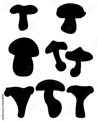 Set of mushroom silhouettes in doodle style, various edible mushrooms for design