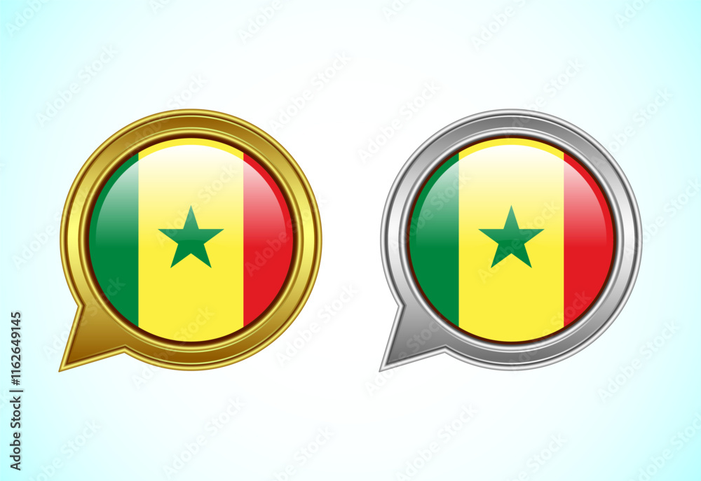 Senegal flag speech bubble. Speaking flag icon in gold and silver color Senegal flag speech bubble. Speaking flag icon in gold and silver color