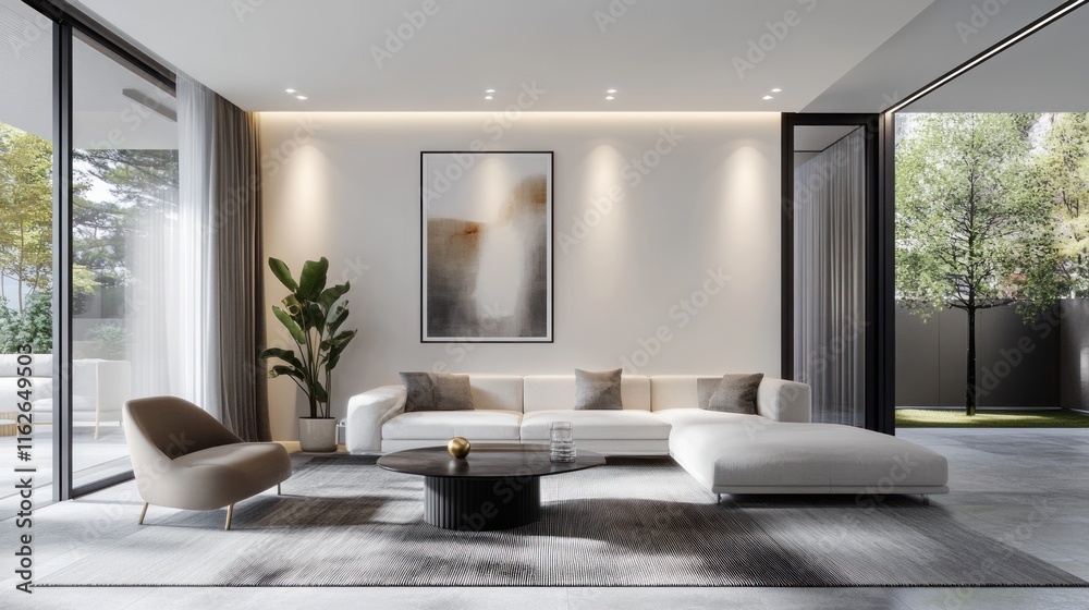 Fototapeta premium Modern Living Room Design with Minimalist Decor and Outdoor View
