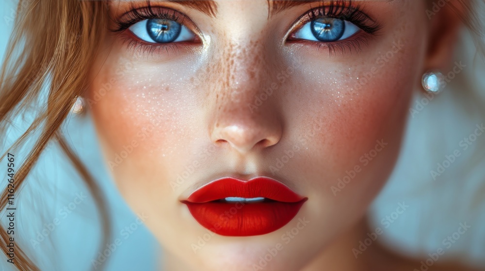 Fototapeta premium Portrait of a woman with striking blue eyes and natural hairstyle against an orange backdrop
