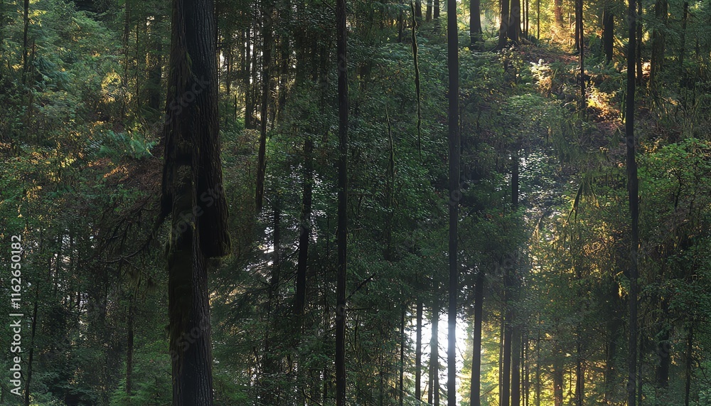 Obraz premium Sunlight filters through a dense forest canopy, illuminating the tall trees and lush undergrowth. A tranquil and serene natural scene.
