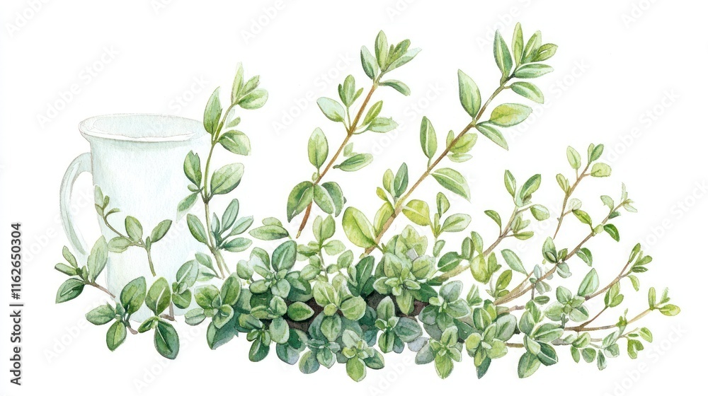 Fototapeta premium Watercolor Thyme Sprigs with Teacup Herbal Green Botanical Illustration