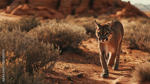 Wild cougar walking through desert landscape during golden hour in an arid environment photo