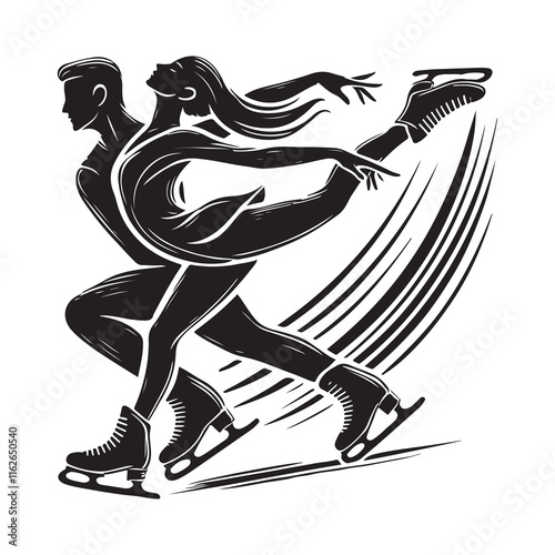 Figure Skating Silhouette Vector Illustration, Solid White Background.