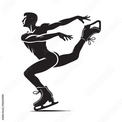 Figure Skating Silhouette Vector Illustration, Solid White Background.