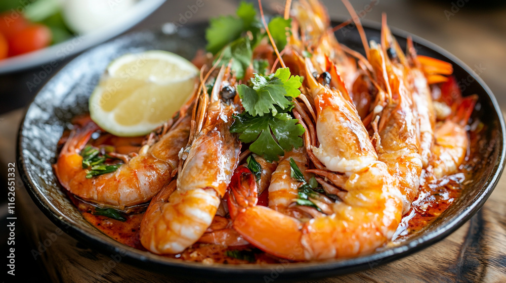 Juicy shrimp served with herbs and lemon on a black plate. Juicy shrimp served with herbs and lemon on a black plate.
