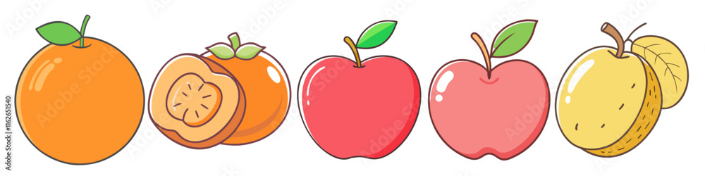 Fototapeta premium Hand-Drawn Classic Fruit Illustrations with Vibrant Colors - A colorful collection of hand-drawn fruit illustrations featuring orange, passion fruit, apples, and sliced pineapple for creative designs.