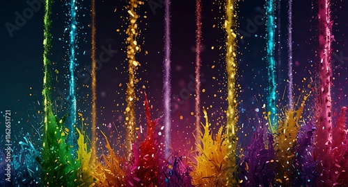 Colorful glitter and confetti on a bright gradient background. Eve event posters, party invitations, pop art