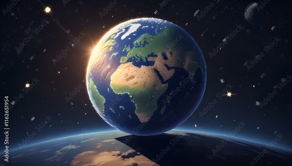 Fototapeta premium Una vista de la Tierra desde el espacio, con el planeta parcialmente visible contra un fondo de estrellas y una fuente de luz brillante, posiblemente el sol, brillando desde el borde del encuadre
