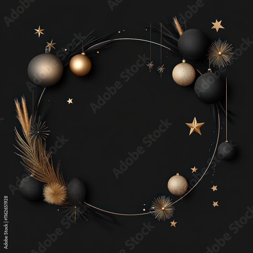 Festive New Year Frame with Red and Gold Elements on Black Background - 3D Vector Illustration with Stars, Ribbons, and Elegant Design for High Resolution Personalization and Stylish Decoration photo