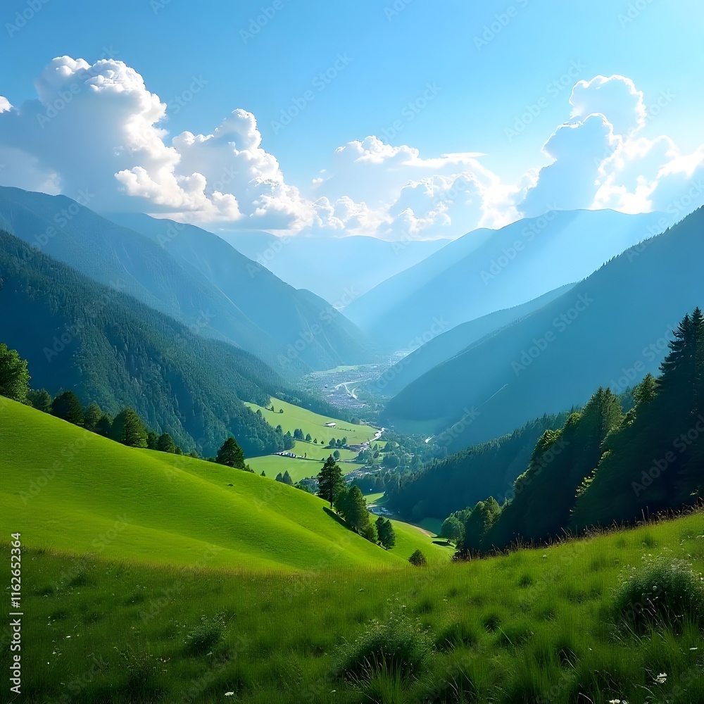 Fototapeta premium Majestic mountain landscape, rolling green hills, lush meadows,