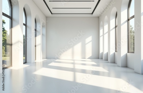 Empty modern gallery hall shows blank white wall ready for display. Sunlight creates shadows on floor. Large arched windows let in natural light. Interior design template for exhibitions. Perfect for