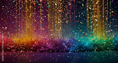 Colorful glitter and confetti on a bright gradient background. Eve event posters, party invitations, pop art