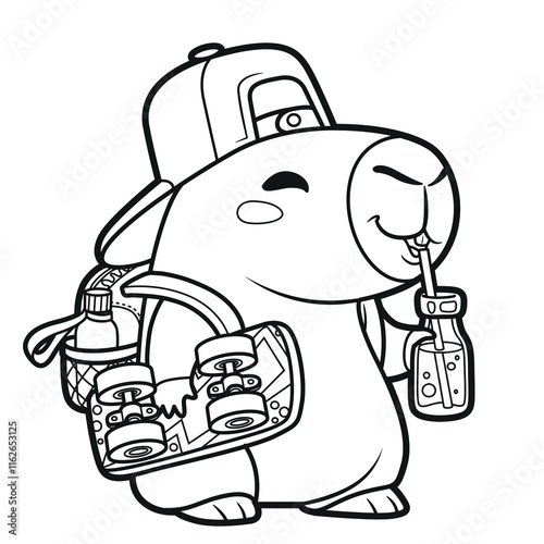 Cute cartoon capybara in school backpack with a skateboard under arm outlined for coloring page on white background