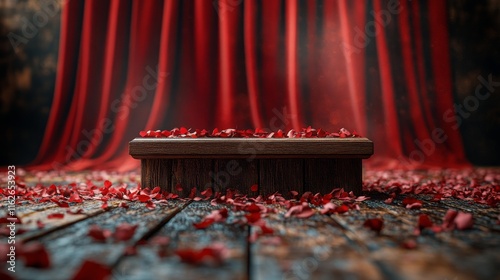 Stage set adorned with red petals for a theatrical performance in a dimly lit venue photo