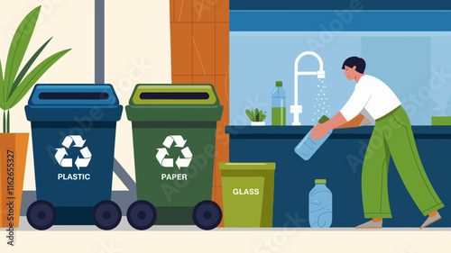 Vector illustrations showing segregating waste into categories (plastic, paper, glass, organic), cleaning items before recycling, and placing them in bins.