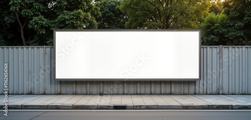 Empty white billboard on city sidewalk next to grey fence. Large advertising space. Urban setting. Outdoor advertising. Ideal for mockups. Blank banner. Blank sign. Template for ads. Street scene.