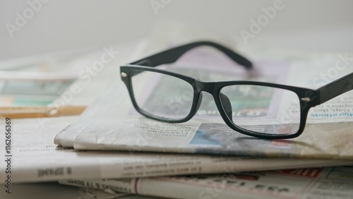 A close up of the glasses on the newspaper. photo