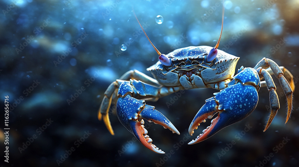 Vibrant blue crab in underwater habitat with bubbles and soft light. 