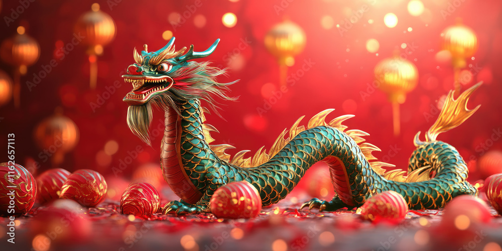 Fototapeta premium Statue of a dragon with glowing Chinese lanterns celebrating the Chinese New Year 2025, year of the Dragon, featuring golden lights and traditional festive decorations.