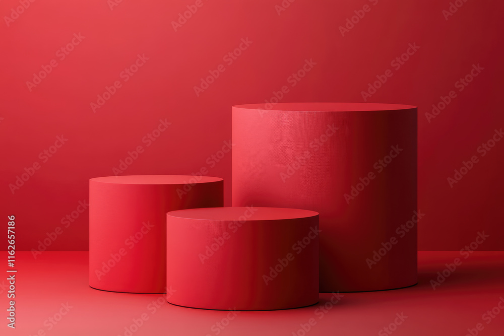 Empty red round podiums against empty red wall. The background can be used for mounting, presentation or displaying your products.