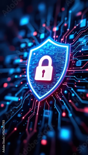 Digital shield icon on futuristic tech background. Cybersecurity, data protection concept for technology, internet safety, and business presentations.