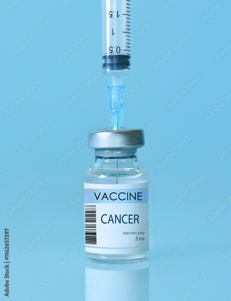 Cancer Vaccine in a bottle with a syringe on a blue background. Experimental cancer vaccine vial for immunization against Cancer disease.Copy space Cancer Vaccine in a bottle with a syringe on a blue background. Experimental cancer vaccine vial for immunization against Cancer disease.Copy space
