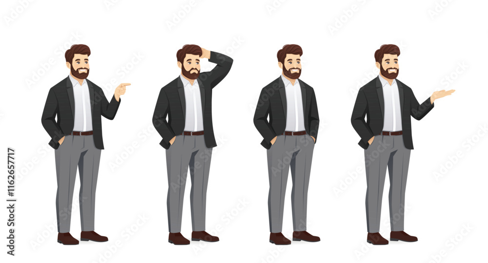Fototapeta premium Set of handsome business man poses wearing casual clothes in half turn view. Isolated vector illustration
