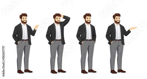 Set of handsome business man poses wearing casual clothes in half turn view. Isolated vector illustration