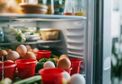 Wallpaper Mural Refrigerator Interior with Eggs in Cups, Fresh Produce and Drinks Torontodigital.ca