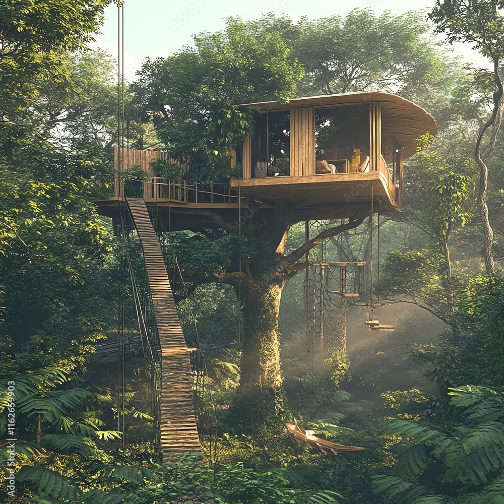 Treehouse nestled in lush greenery, surrounded by sunlight and vibrant foliage. Treehouse nestled in lush greenery, surrounded by sunlight and vibrant foliage.