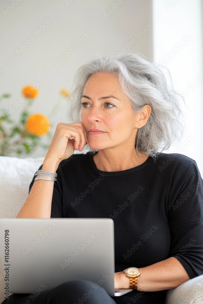 Middle-aged woman sitting on sofa with laptop in living room Middle-aged woman sitting on sofa with laptop in living room