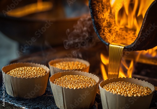 Molten Gold Pouring into Small Cups: Precious Metal Refining Process photo