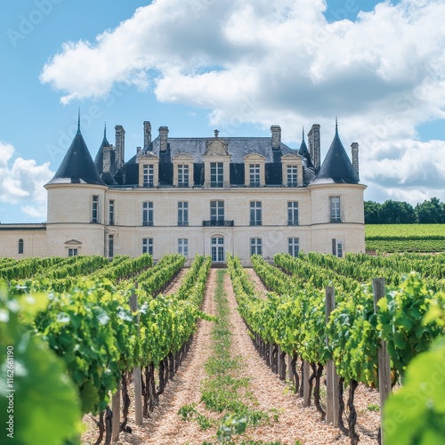 Elegant French chateau with vineyards under a bright blue sky photo