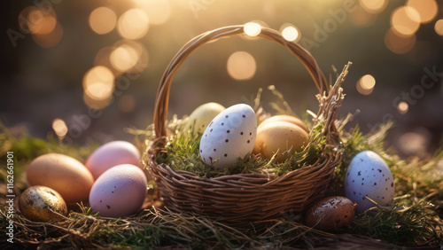 easter eggs in a nest on bokeh backgound