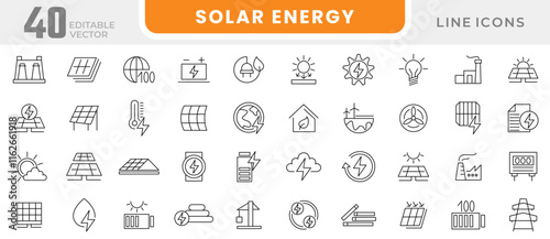 Solar energy line icon set. solar panel, recyclable, gas fuel, save planet, accumulator, trash bin, factory pollution, eco, energy, cells, house, battery line icon set. UI thin line icon pack.