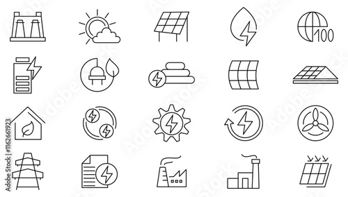 Solar energy line icon set. solar panel, recyclable, gas fuel, save planet, accumulator, trash bin, factory pollution, eco, energy, cells, house, battery line icon set. UI thin line icon pack.