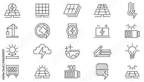 Solar energy line icon set. solar panel, recyclable, gas fuel, save planet, accumulator, trash bin, factory pollution, eco, energy, cells, house, battery line icon set. UI thin line icon pack.