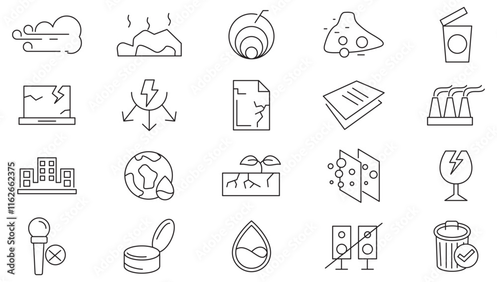 Pollution line icon set. garbage, dump, refuse, bin, sweep, litter, particles, respiratory hazard, dust dispersion, polluted atmosphere, microscopic line icon set. UI thin line icon pack. Pollution line icon set. garbage, dump, refuse, bin, sweep, litter, particles, respiratory hazard, dust dispersion, polluted atmosphere, microscopic line icon set. UI thin line icon pack.