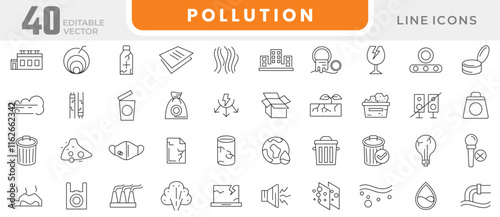 Pollution line icon set. garbage, dump, refuse, bin, sweep, litter, particles, respiratory hazard, dust dispersion, polluted atmosphere, microscopic line icon set. UI thin line icon pack.