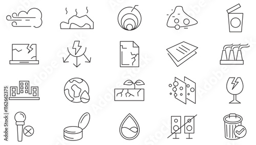 Pollution line icon set. garbage, dump, refuse, bin, sweep, litter, particles, respiratory hazard, dust dispersion, polluted atmosphere, microscopic line icon set. UI thin line icon pack.