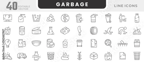 Garbage line icon set. Plastic bottles, biodegradable trash, junk truck, landfill, paper, glass, batteries, garbage disposal, trash separation line icon set. UI thin line icon pack.