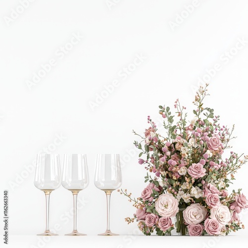 Elegant arrangement of three wine glasses beside a beautiful floral bouquet featuring pink roses and greenery on a clean background.