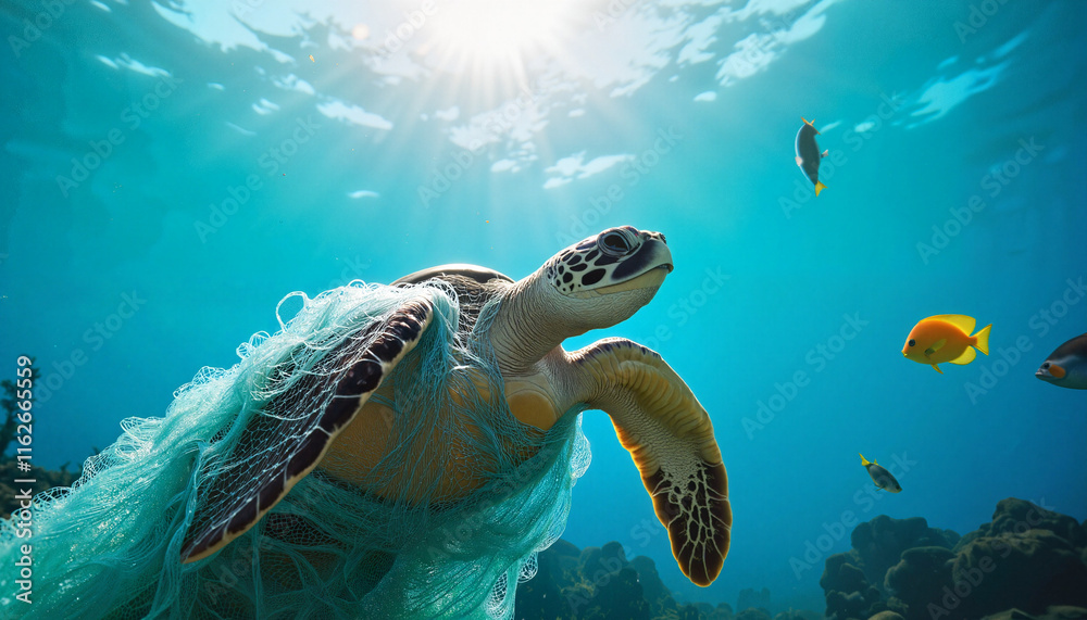 Obraz premium Turtle struggling in plastic net underwater, plastic pollution awareness. Earth Day, take care of the planet. 