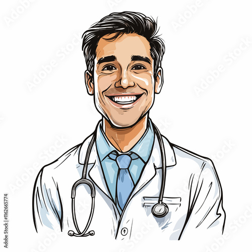 Professional half body caricature doctor silhouette sketch in color
